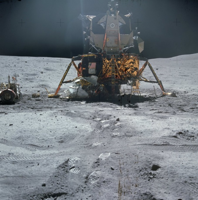 Apollo 16 Lunar Module Orion on the lunar surface with deployed landing legs visible 